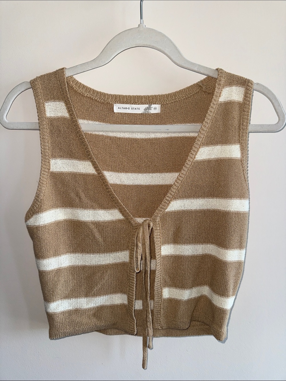 Altar'd State Tan and White Striped Tie-Front Knit Tank